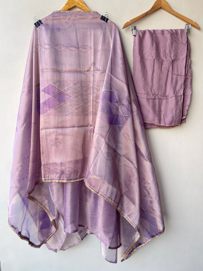 Pure Self Glass Organza Unstitched Suit with Sequence Resham, Yoke Coins & Printed Organza Dupatta
