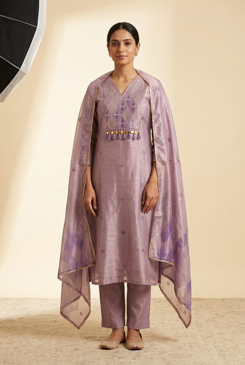 Pure Self Glass Organza Unstitched Suit with Sequence Resham, Yoke Coins & Printed Organza Dupatta