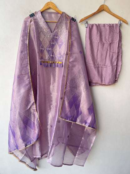 Pure Self Glass Organza Unstitched Suit with Sequence Resham, Yoke Coins & Printed Organza Dupatta