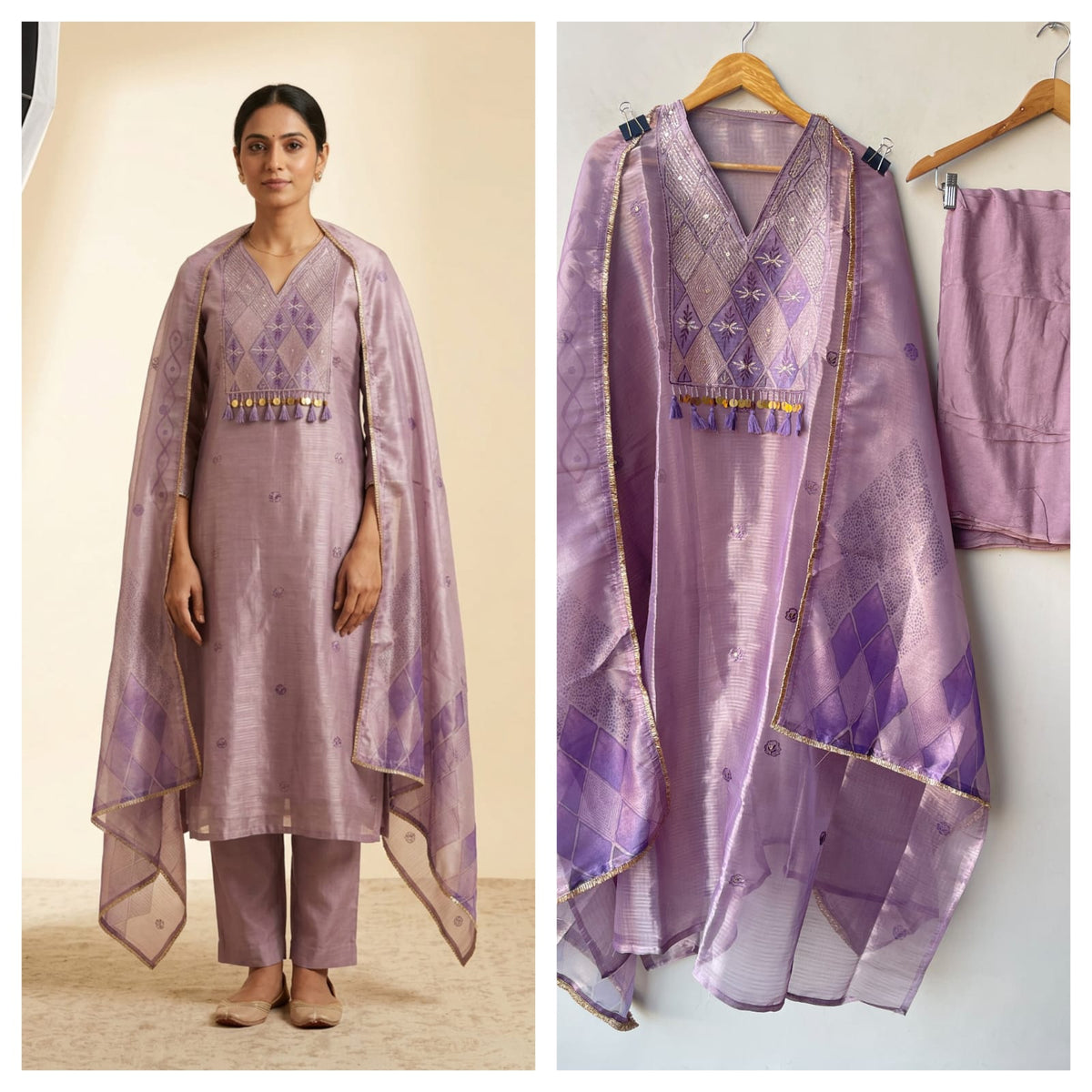 Pure Self Glass Organza Unstitched Suit with Sequence Resham, Yoke Coins & Printed Organza Dupatta