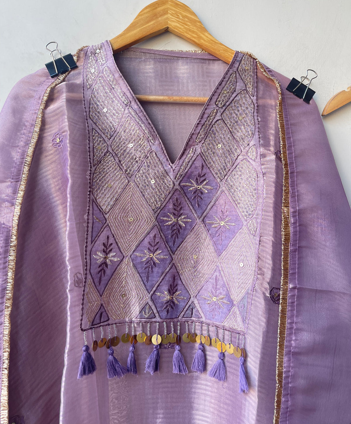 Pure Self Glass Organza Unstitched Suit with Sequence Resham, Yoke Coins & Printed Organza Dupatta