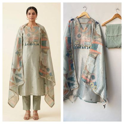 Pure Self Glass Organza Designer Unstitched Suit with Sequence Resham Embroidery & Coin Tassels