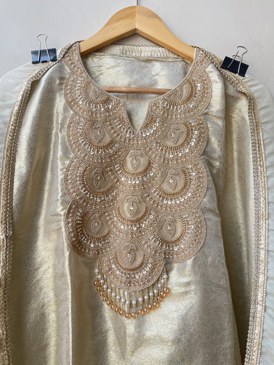 Pure Self Shimmer Giraffe Silk Unstitched Suit with Neck Patchwork, Pearl Ghera Lace & Shimmer Silk Dupatta