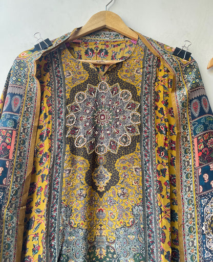 Satin Crepe Printed Unstitched Suit with Dabka Pearl Kutdanna Embroidery & Ghera Lace