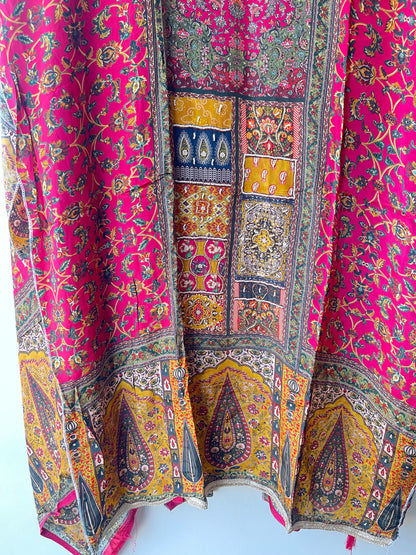 Satin Crepe Printed Unstitched Suit with Dabka Pearl Kutdanna Embroidery & Ghera Lace