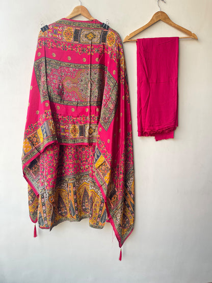 Satin Crepe Printed Unstitched Suit with Dabka Pearl Kutdanna Embroidery & Ghera Lace
