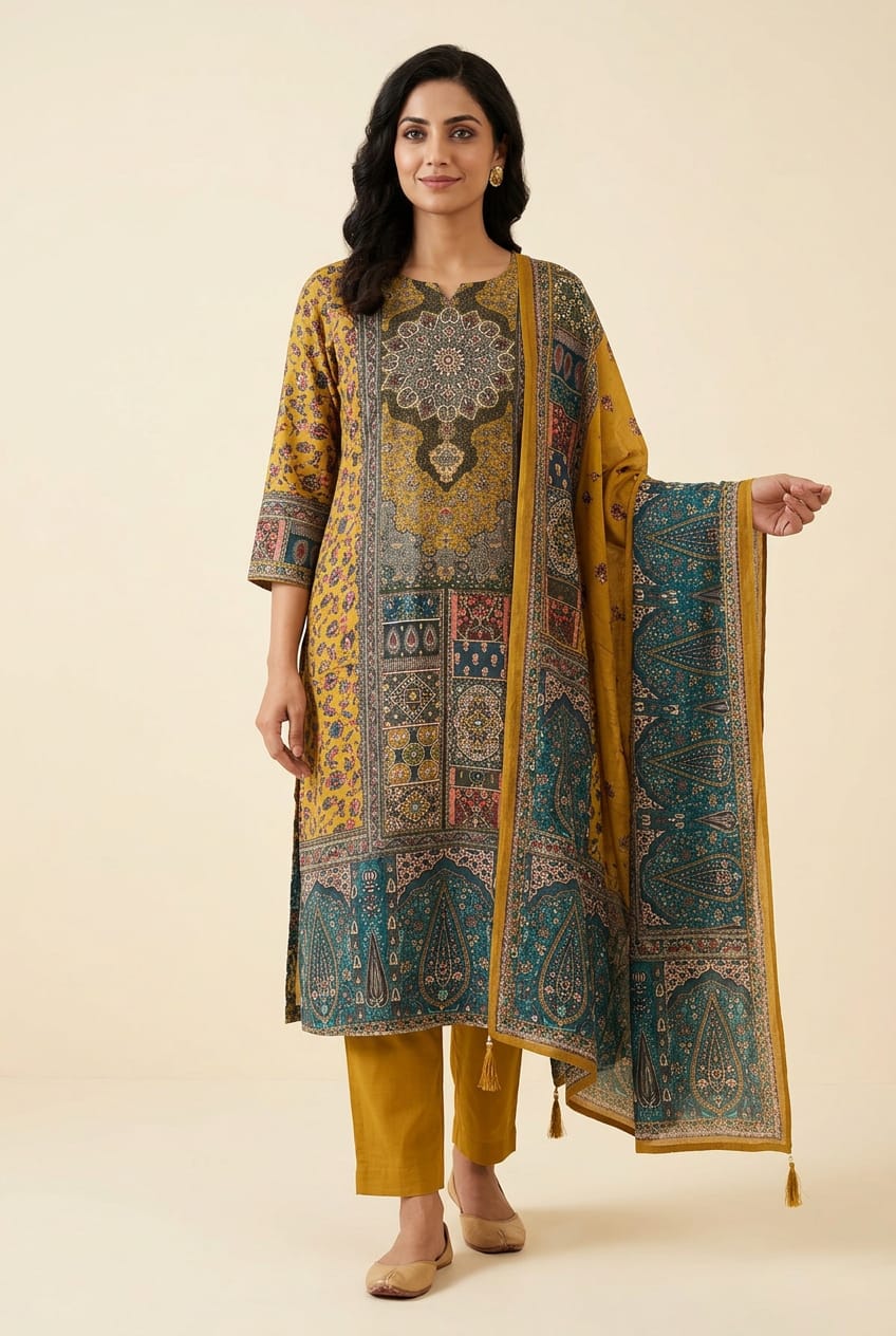 Satin Crepe Printed Unstitched Suit with Dabka Pearl Kutdanna Embroidery & Ghera Lace