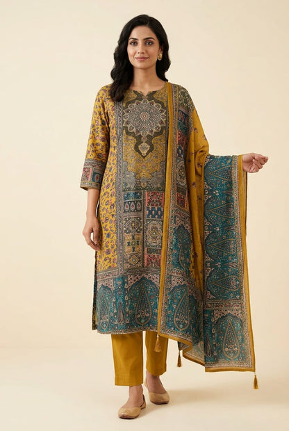 Satin Crepe Printed Unstitched Suit with Dabka Pearl Kutdanna Embroidery & Ghera Lace