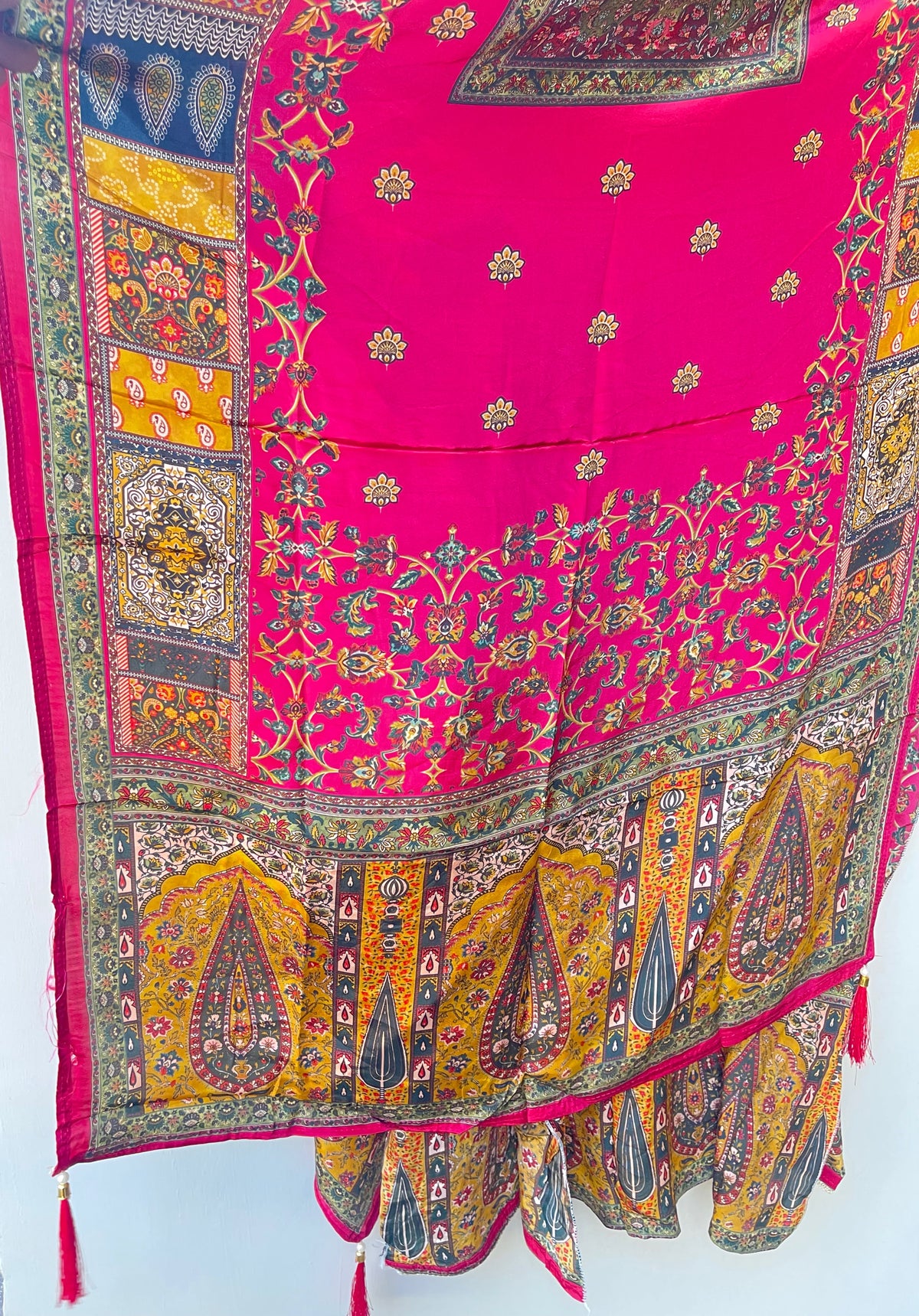 Satin Crepe Printed Unstitched Suit with Dabka Pearl Kutdanna Embroidery & Ghera Lace