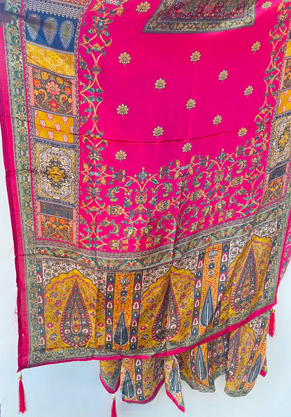 Satin Crepe Printed Unstitched Suit with Dabka Pearl Kutdanna Embroidery & Ghera Lace