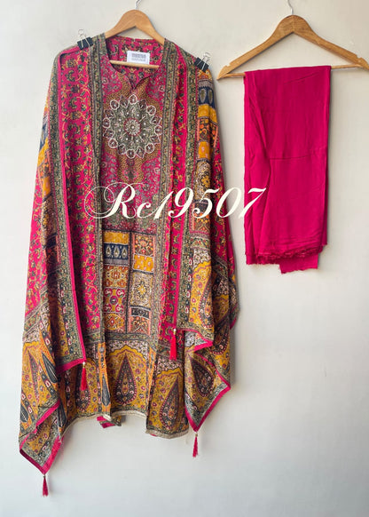 Satin Crepe Printed Unstitched Suit with Dabka Pearl Kutdanna Embroidery & Ghera Lace
