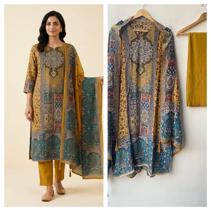 Satin Crepe Printed Unstitched Suit with Dabka Pearl Kutdanna Embroidery & Ghera Lace