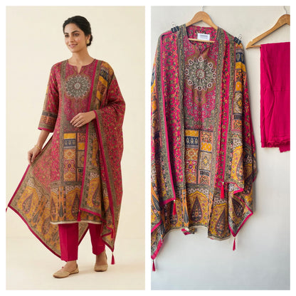 Satin Crepe Printed Unstitched Suit with Dabka Pearl Kutdanna Embroidery & Ghera Lace
