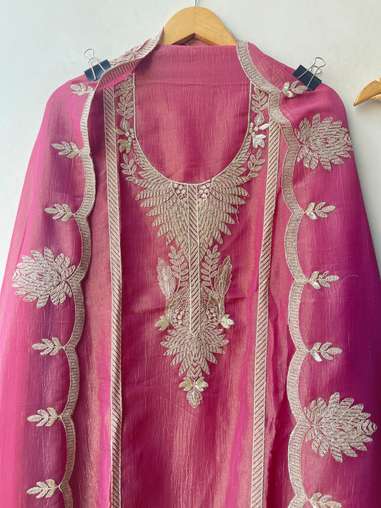 Pure Shimmer Self Silk Unstitched Suit with Zari Sequence Embroidery & Ghera Scalping