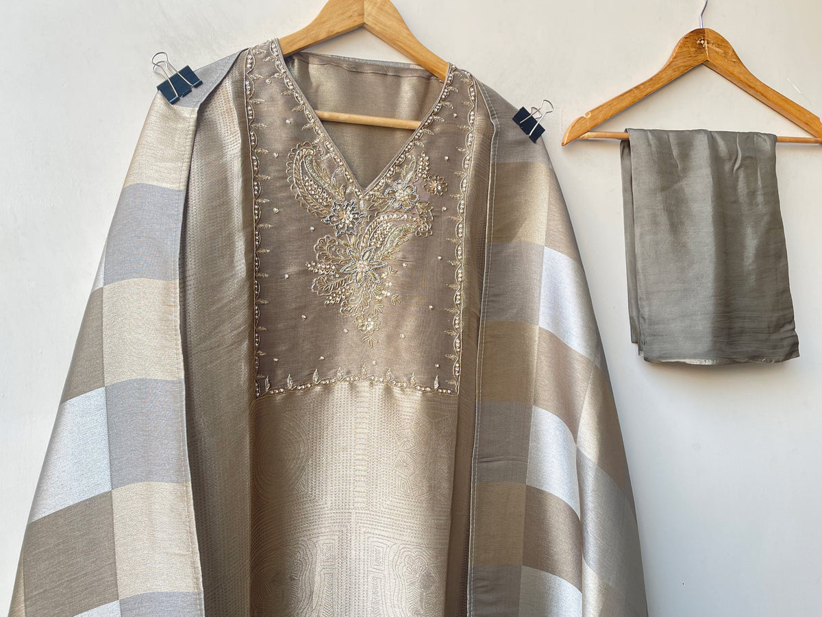 Pure Self Shimmer Giraffe Silk Unstitched Suit with Dabka Sequence Zari Pearl Kutdanna Embroidery