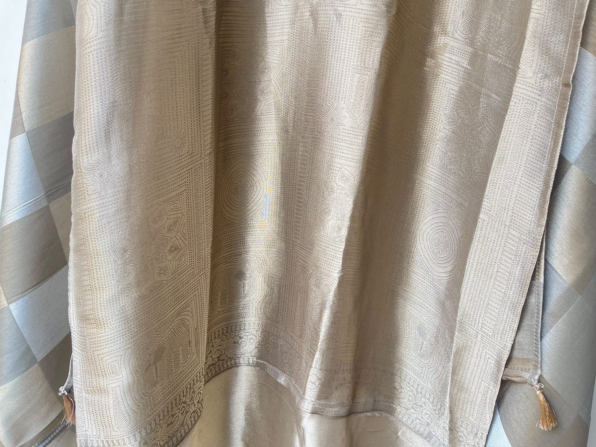 Pure Self Shimmer Giraffe Silk Unstitched Suit with Dabka Sequence Zari Pearl Kutdanna Embroidery