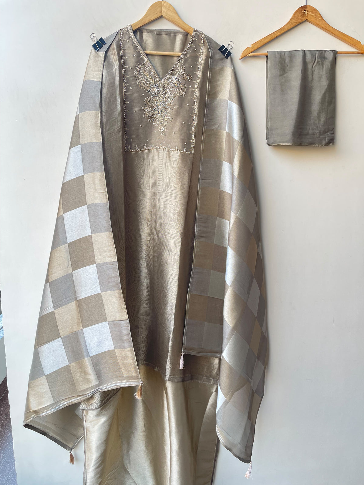 Pure Self Shimmer Giraffe Silk Unstitched Suit with Dabka Sequence Zari Pearl Kutdanna Embroidery