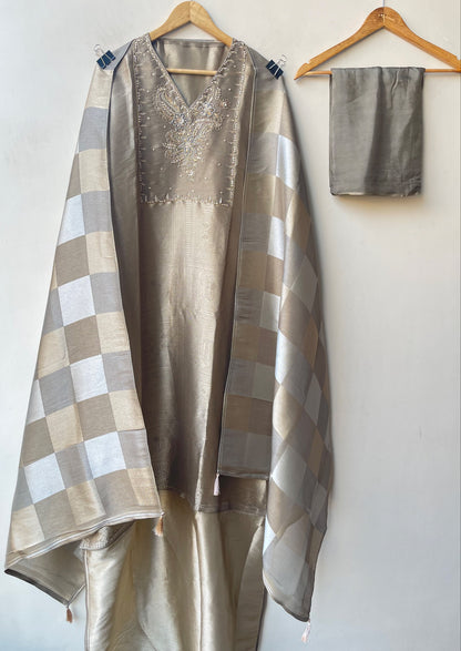 Pure Self Shimmer Giraffe Silk Unstitched Suit with Dabka Sequence Zari Pearl Kutdanna Embroidery