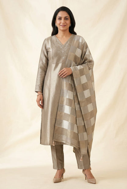 Pure Self Shimmer Giraffe Silk Unstitched Suit with Dabka Sequence Zari Pearl Kutdanna Embroidery