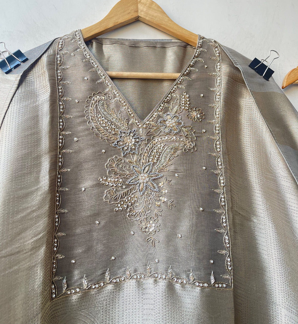 Pure Self Shimmer Giraffe Silk Unstitched Suit with Dabka Sequence Zari Pearl Kutdanna Embroidery