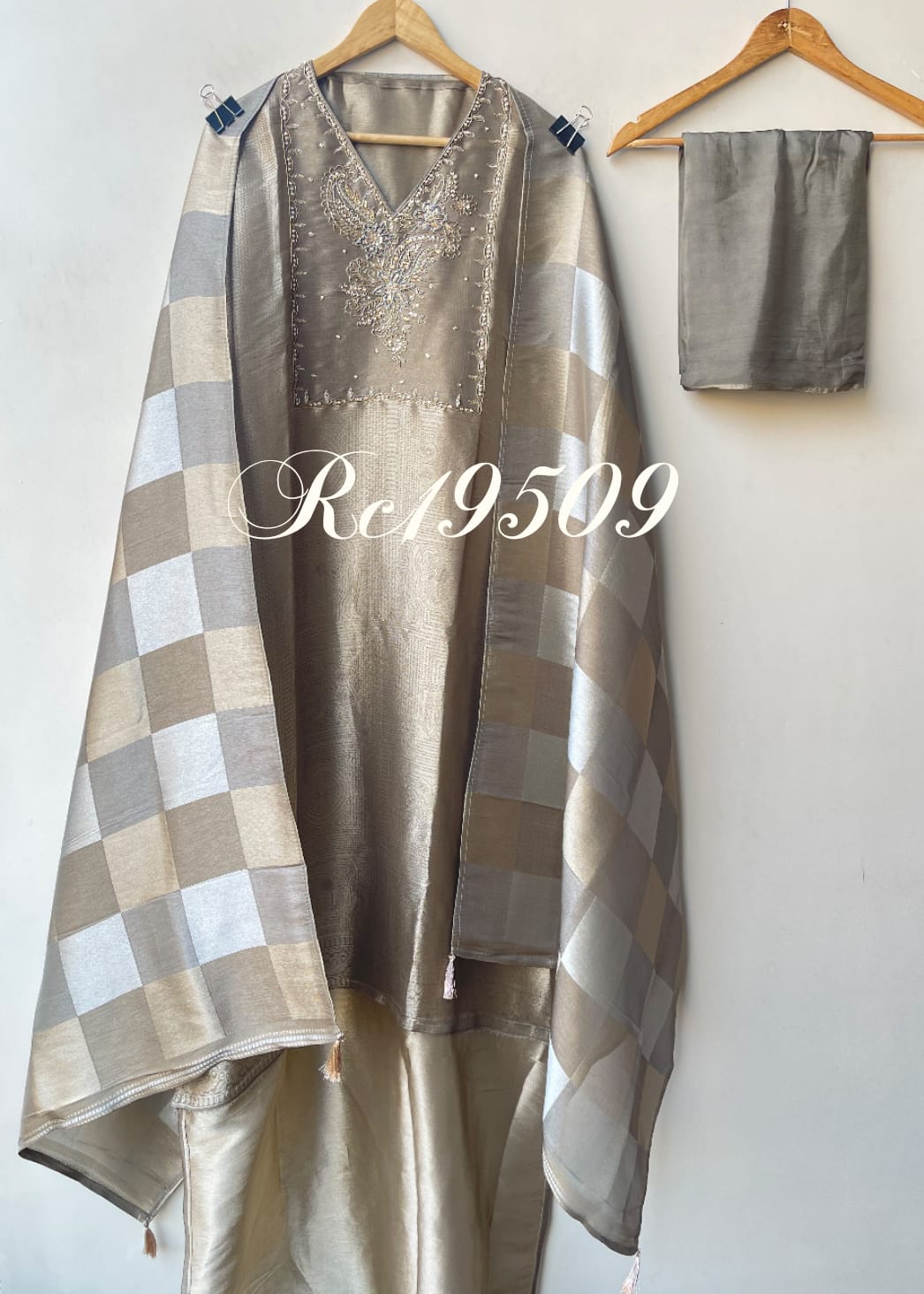 Pure Self Shimmer Giraffe Silk Unstitched Suit with Dabka Sequence Zari Pearl Kutdanna Embroidery