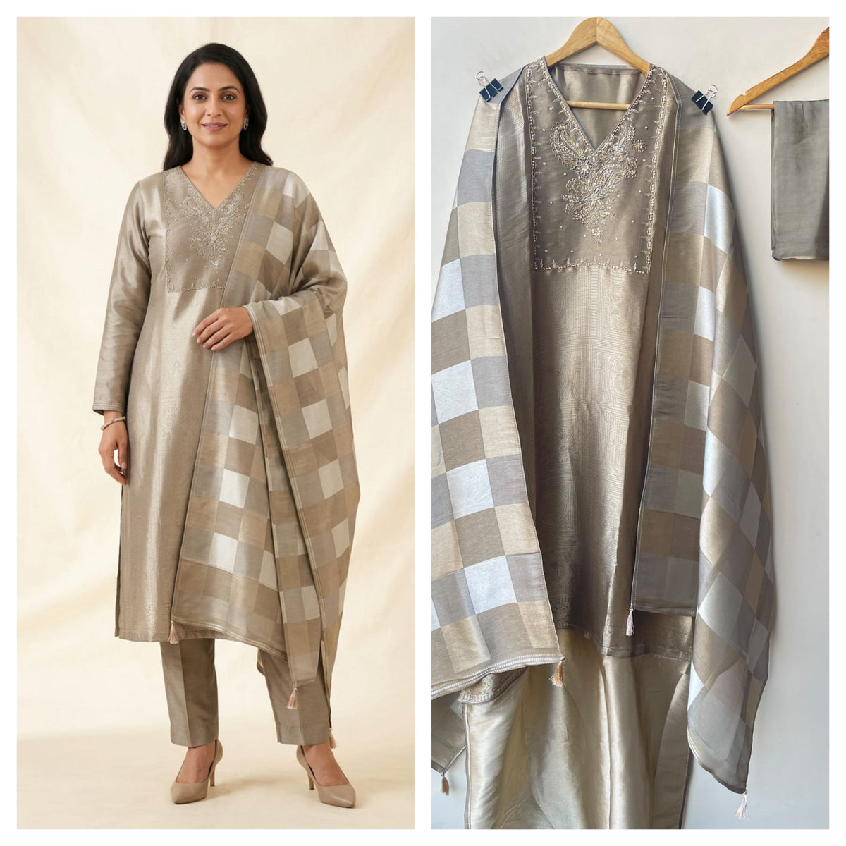Pure Self Shimmer Giraffe Silk Unstitched Suit with Dabka Sequence Zari Pearl Kutdanna Embroidery