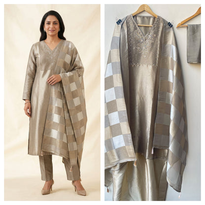 Pure Self Shimmer Giraffe Silk Unstitched Suit with Dabka Sequence Zari Pearl Kutdanna Embroidery