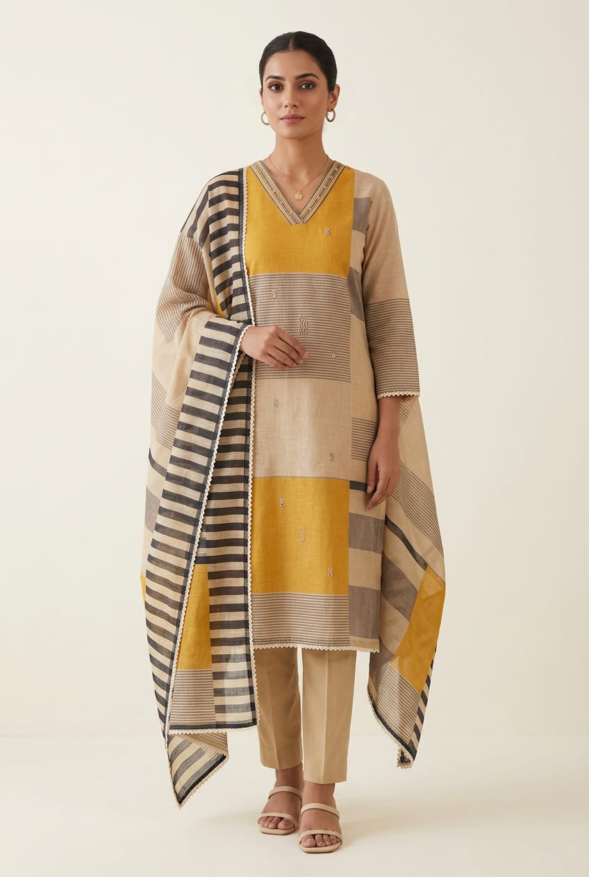 Super Soft Mul Chanderi Designer Unstitched Suit with Patri Moti Hand Embroidery & Printed Dupatta