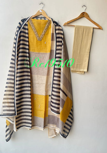 Super Soft Mul Chanderi Designer Unstitched Suit with Patri Moti Hand Embroidery & Printed Dupatta