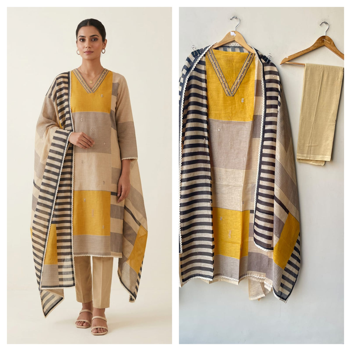 Super Soft Mul Chanderi Designer Unstitched Suit with Patri Moti Hand Embroidery & Printed Dupatta