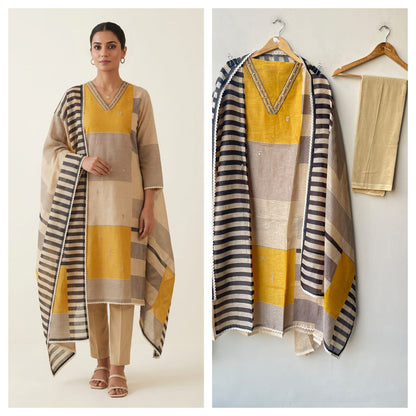 Super Soft Mul Chanderi Designer Unstitched Suit with Patri Moti Hand Embroidery & Printed Dupatta