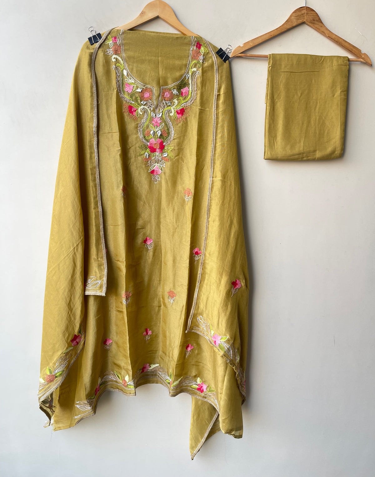 Festive Shimmer Silk Unstitched Suit with Gotta Patti Resham Embroidery & Gotta Lace Dupatta