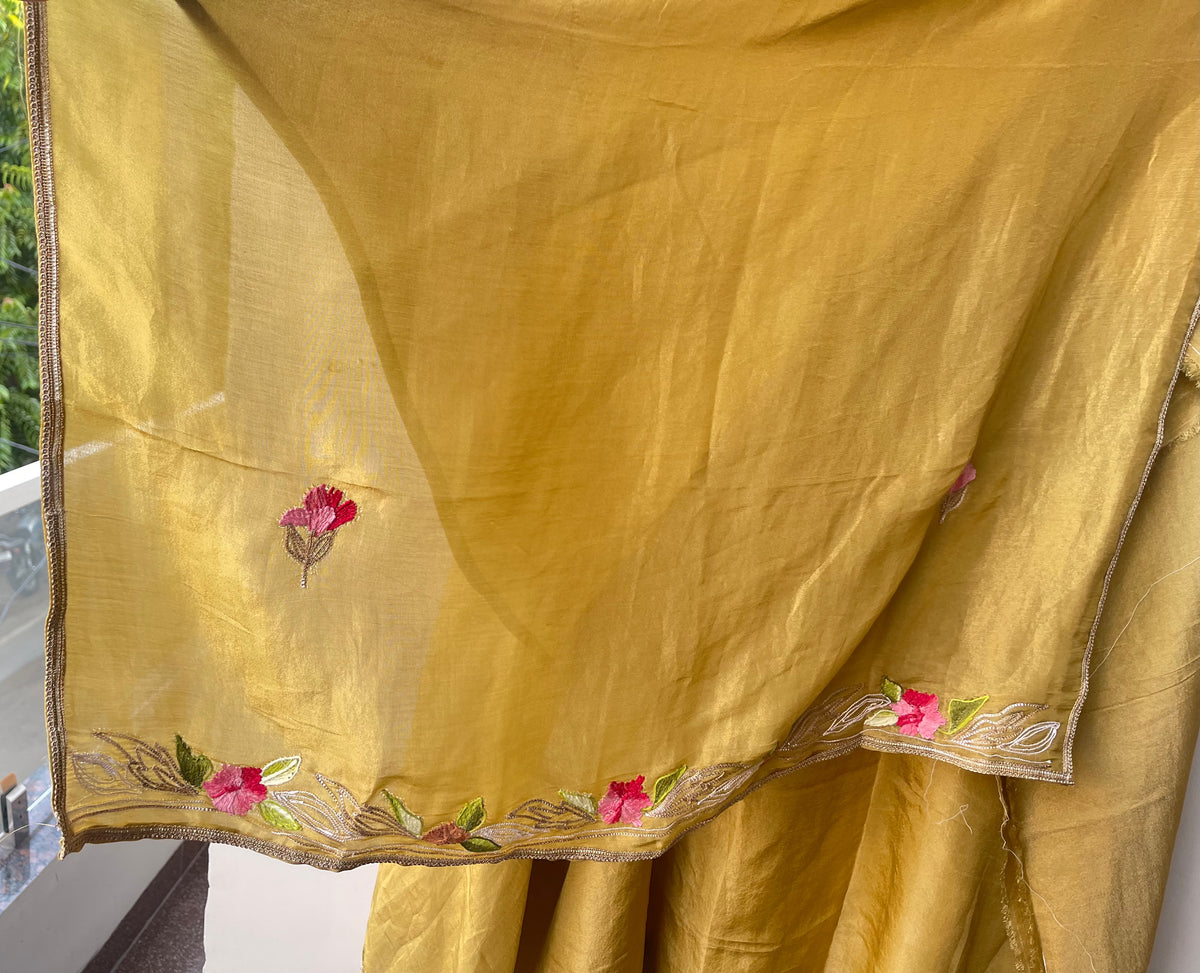 Festive Shimmer Silk Unstitched Suit with Gotta Patti Resham Embroidery & Gotta Lace Dupatta