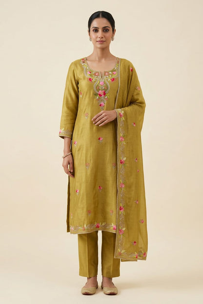 Festive Shimmer Silk Unstitched Suit with Gotta Patti Resham Embroidery & Gotta Lace Dupatta