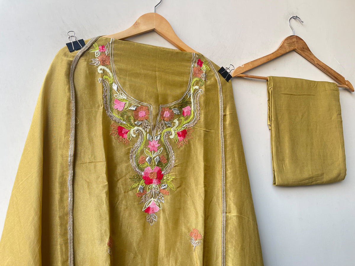 Festive Shimmer Silk Unstitched Suit with Gotta Patti Resham Embroidery & Gotta Lace Dupatta