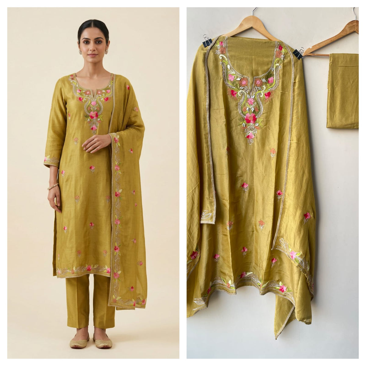 Festive Shimmer Silk Unstitched Suit with Gotta Patti Resham Embroidery & Gotta Lace Dupatta