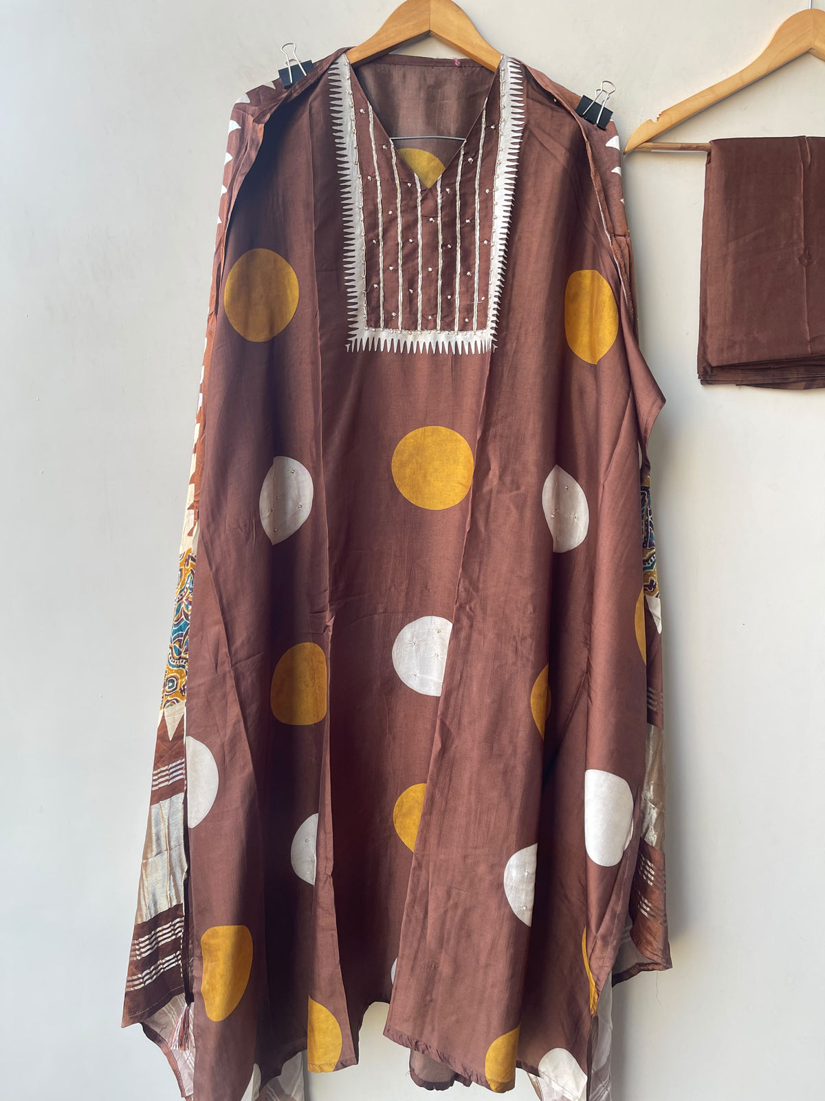Pure Silk Polka Dots Printed Unstitched Suit Set with Pearl Dabka Hand Embroidery