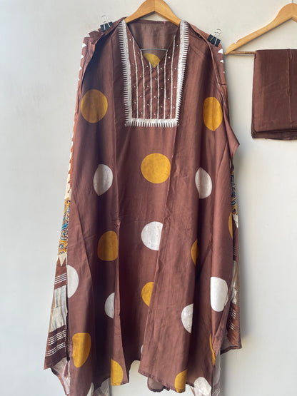 Pure Silk Polka Dots Printed Unstitched Suit Set with Pearl Dabka Hand Embroidery