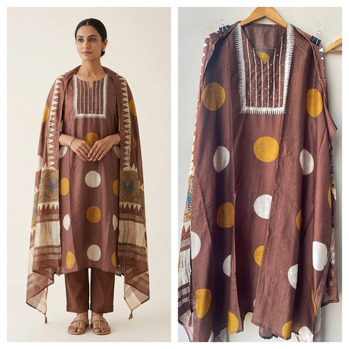Pure Silk Polka Dots Printed Unstitched Suit Set with Pearl Dabka Hand Embroidery