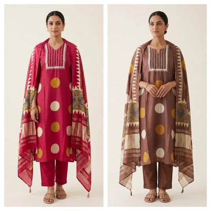 Pure Silk Polka Dots Printed Unstitched Suit Set with Pearl Dabka Hand Embroidery