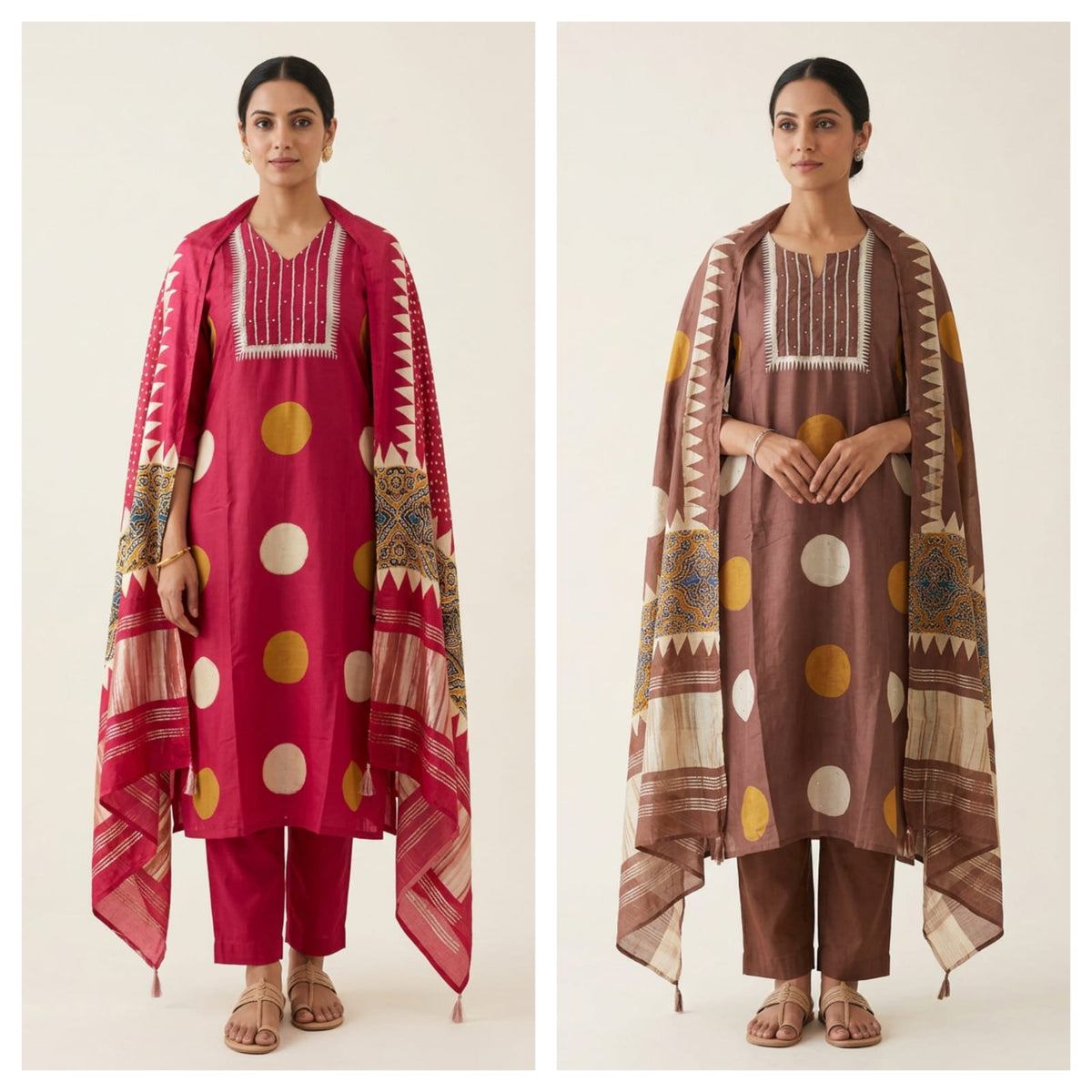Pure Silk Polka Dots Printed Unstitched Suit Set with Pearl Dabka Hand Embroidery
