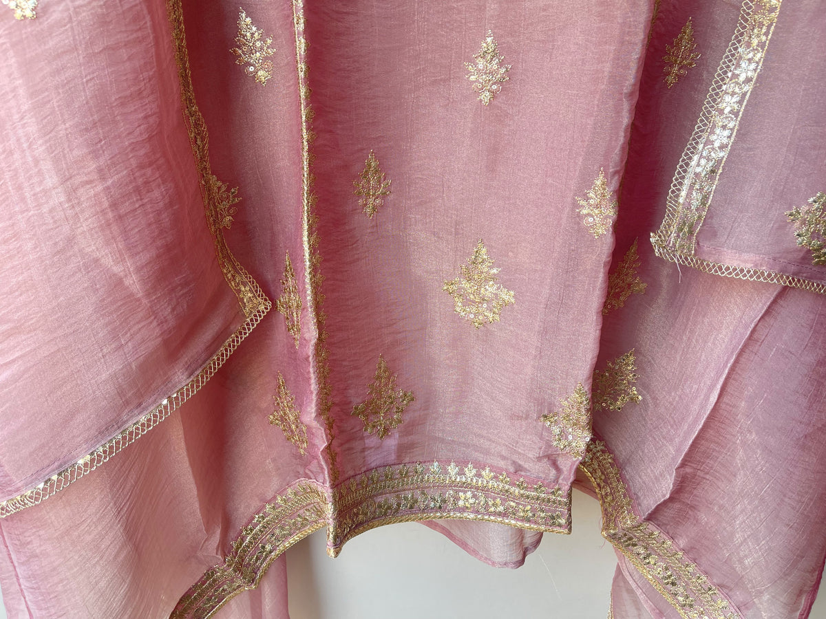 Pure Shimmer Tissue Unstitched Suit Set with Sequence Gotta Work Pitta Zari Embroidery