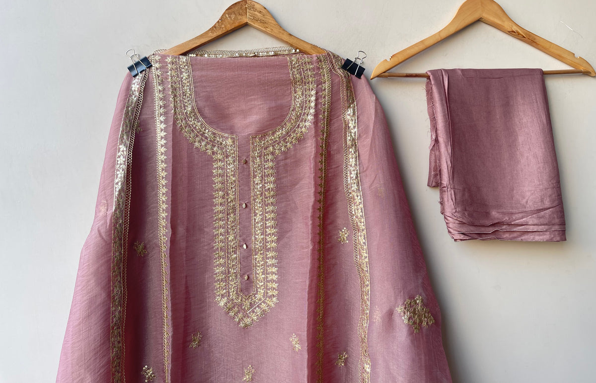 Pure Shimmer Tissue Unstitched Suit Set with Sequence Gotta Work Pitta Zari Embroidery