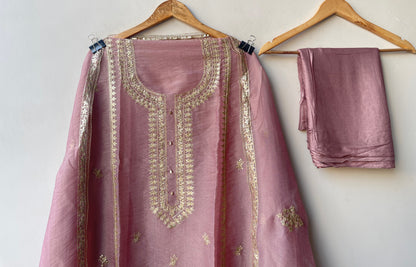 Pure Shimmer Tissue Unstitched Suit Set with Sequence Gotta Work Pitta Zari Embroidery