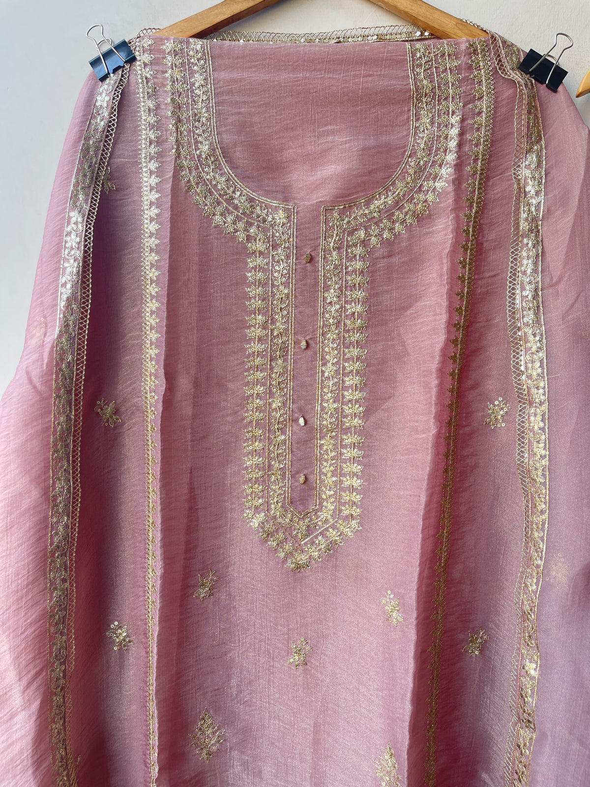 Pure Shimmer Tissue Unstitched Suit Set with Sequence Gotta Work Pitta Zari Embroidery