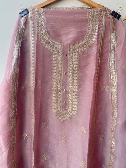 Pure Shimmer Tissue Unstitched Suit Set with Sequence Gotta Work Pitta Zari Embroidery