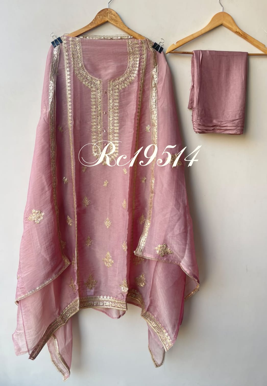 Pure Shimmer Tissue Unstitched Suit Set with Sequence Gotta Work Pitta Zari Embroidery