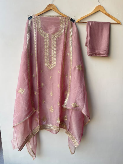 Pure Shimmer Tissue Unstitched Suit Set with Sequence Gotta Work Pitta Zari Embroidery