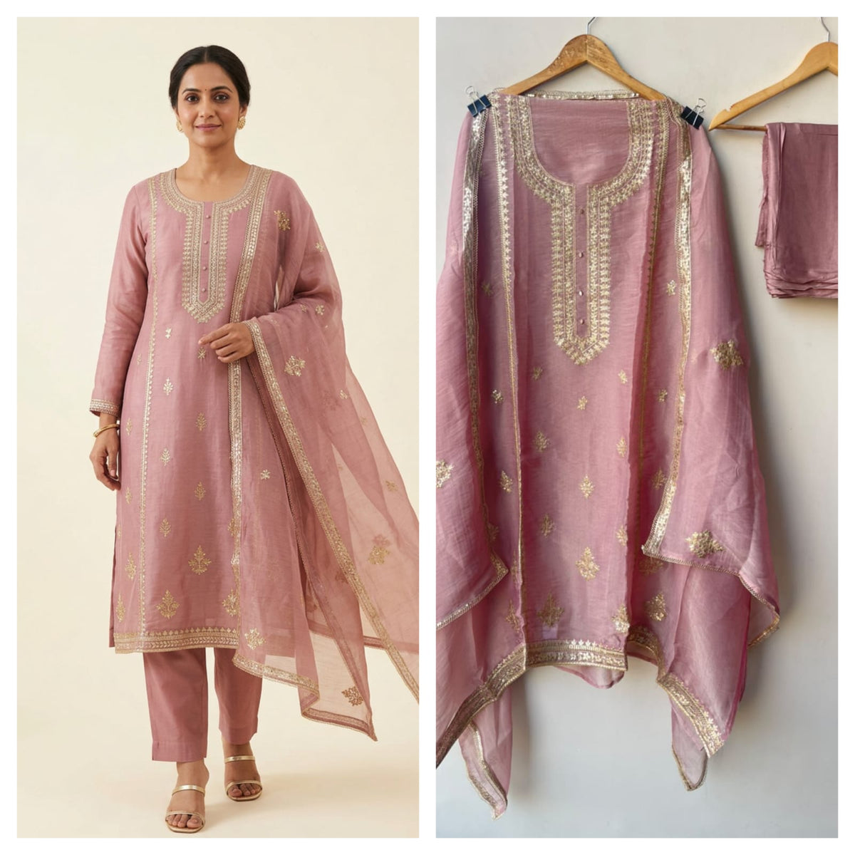 Pure Shimmer Tissue Unstitched Suit Set with Sequence Gotta Work Pitta Zari Embroidery