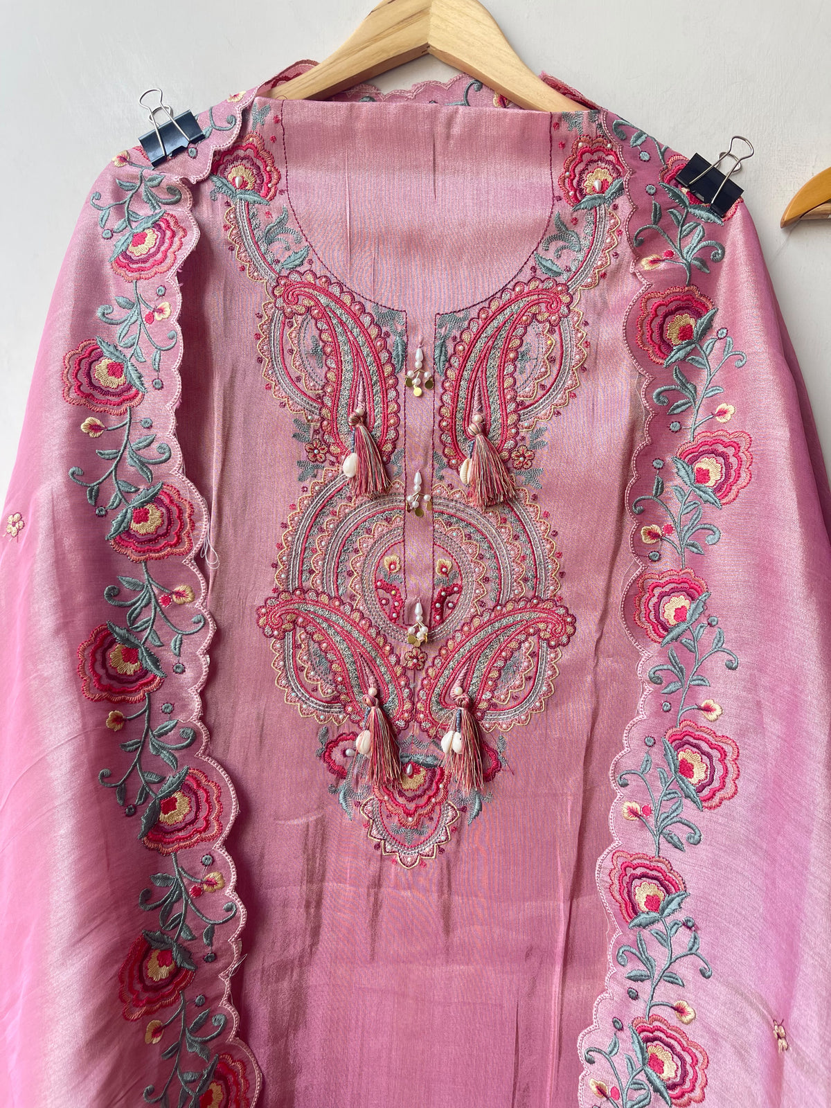 Pure Shimmer Silk Unstitched Suit Set with Resham Pearl Zari Embroidery & Swarowski Highlighting